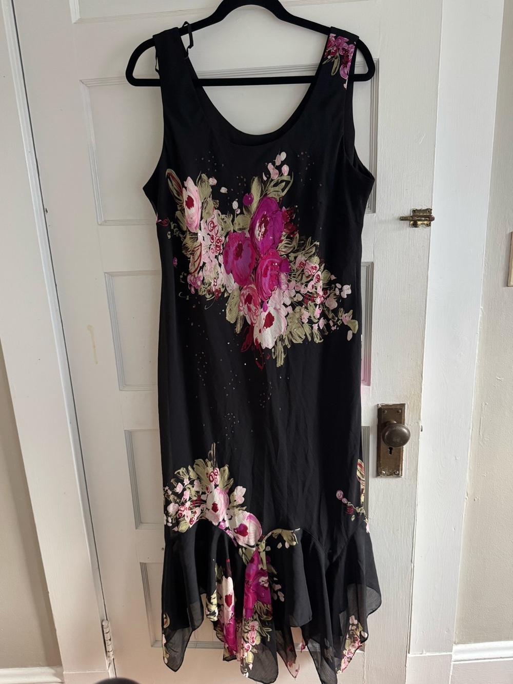 Vintage Black Dress with Fuchsia and Cream Floral Print